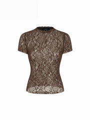 Lace Sheer Lettuce Trim Short Sleeve Tee