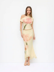 Mesh Floral Graphic Asymmetrical Top & Mid Rise Mermaid Maxi Skirt Set