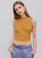Round Neckline Solid Sleeveless Ruched Crop Top