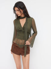 Texture V-neck Flare Sleeve Twist See-through Top With Scarf