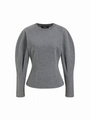 Cotton-blend Round Neckline Lantern Long Sleeve Cinched Waist Sweatshirt