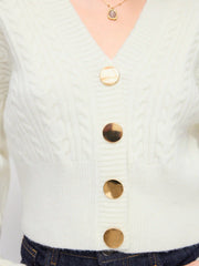 Cable Knit V-neck Metal Button Oversized Long Sleeve Top