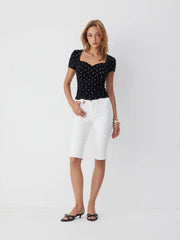 Cotton-blend Polka Dot V-neck Ruched Short Sleeve Top