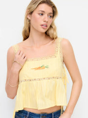 Jacquard Square Neckline Carrot Embroidery Lace Trim Knotted Top