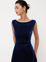Velvet Boat Neck Ruched Backless Metal Detail Mini Dress