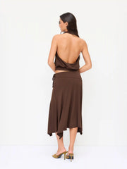 Halter Neckline Top & Low Rise Asymmetrical Hem Flared Midi Skirt Set