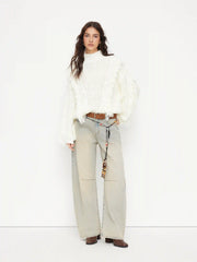 Cable Knit High Neck Long Sleeve Fringe Oversized Top