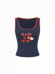 Cotton-blend Apple Graphic Square Neck Lace Floral Trim Tank Top