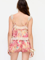 Chiffon Mid Rise Abstract Graphic Bubble Hem Shorts