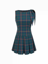 Plaid Boat Neck Bowknot Zipper Pleated Mini Dress