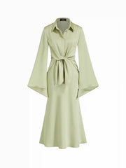 Satin Collar Knotted Flare Sleeve Top & Solid Maxi Skirt Set