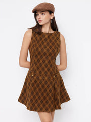 Wool-look Boat Neck Plaid Pleated Mini Dress