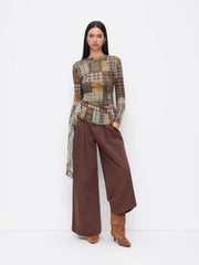 Mesh Stand Collar Long Sleeve Checks Ruffle Floral Top