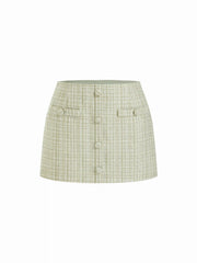 Tweed Square Neck Checks Top & Mid Rise Mini Skirt Set