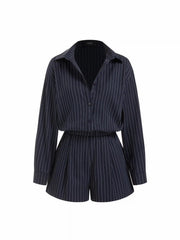Striped Collar Mid Rise Pleated Romper