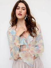 Chiffon Abstract V-Neck Ruffled Bell Sleeve Blouse