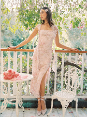 Lace Floral Ruffle Hem Split Maxi Dress
