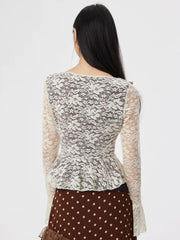 Lace V-neck Bell Sleeve Peplum Top