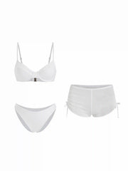 Sweetheart Underwire Ruched Mesh 3 Piece Bikini Set With Shorts
