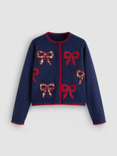 Knit Round Neckline Bowknot Applique Cardigan