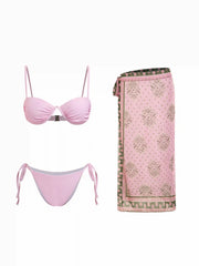 3 Piece Halter Neckline Underwire Top & Low Rise Bikini Bottom With Aztec Print Sarong Bikini Set