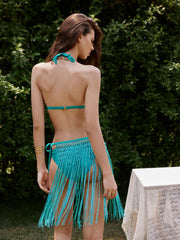 Halter Neckline Triangle Bikini Set With Tassel Sarong