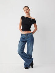 Denim Low Rise Button Detail Wide Leg Jeans