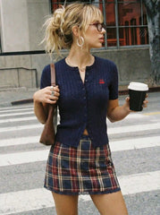Cable Knit Wool-blend Round Neckline Cherry Embroidery Button Top