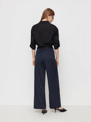 Mid Rise Striped Pleated Straight Leg Trousers With Belt