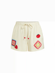 Linen-blend Mid Rise Fruit Applique Shorts Curve & Plus