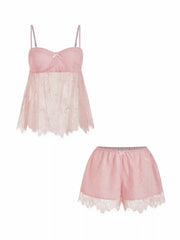 Lace Bowknot Sweetheart Sleeveless Top & Low Rise Wide Leg Shorts Loungewear Set