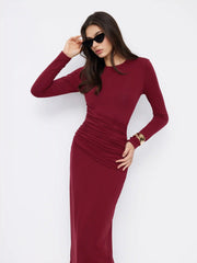 Round Neckline Ruched Long Sleeve Maxi Bobycon Dress