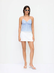 Cotton-blend Striped Halter Neckline Twist Knotted Lace Trim Bowknot Cami Blouse