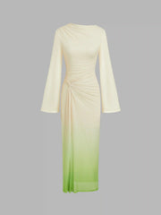 Mesh Asymmetrical Neck Gradient Twist Ruched Maxi Dress