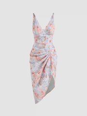 Illusion Floral Ruched Midi Dress