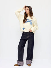 Cider Stretch Denim Mid Rise Plaid Roll Hem Straight Leg Jeans