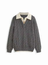 Cable Knit Collar Long Sleeve Two Tone Oversized Top