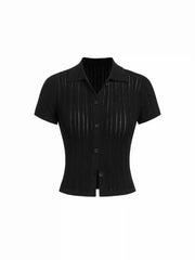 Hollow Out Short Sleeve Button Up Polo Knit Top