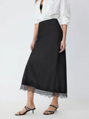 Satin High Rise Lace Panel Maxi Skirt