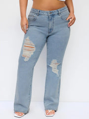 Stretch Denim Low Rise Ripped Flared Jeans Curve & Plus