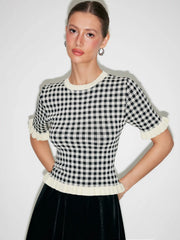 Knit Round Neckline Gingham Contrasting Binding Ruffled Top