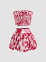 Cotton-blend Gingham Shirred Knotted Crop Tube Top & Gingham Bubble Hem Knotted Mini Skirt Set