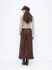 Wool-look Mid Rise Roll Hem Cropped Trousers With Belt