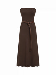 Knit Bandeau A-line Maxi Flared Dress With Belt