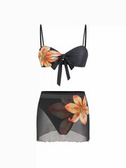 Floral Sweetheart Knotted Front Bracelet Bikini Set With Sheer Skirt