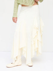 Lace Mid Rise Asymmetrical Ruffle Hem Maxi Skirt