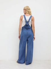 Denim Pleated Belted Shoulder Straps Jumpsuit