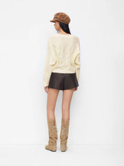 Cable Knit V-neck Long Sleeve Criss Cross Oversized Top