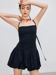 Collarless Solid Bubble Hem Cami Mini Dress