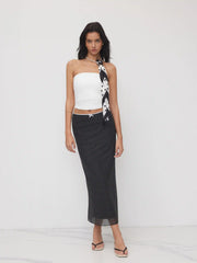 Mesh Mid Rise Bowknot Polka Dot Maxi Skirt